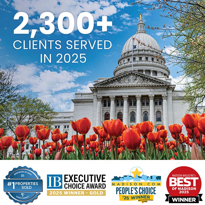 graphic showing 2,300 plus clients served in 2025 along with 2025 accolades including IB #1 properties sold, IB executive choice award, madison.com People's Choice award, and 2025 Best of Madison - Bronze